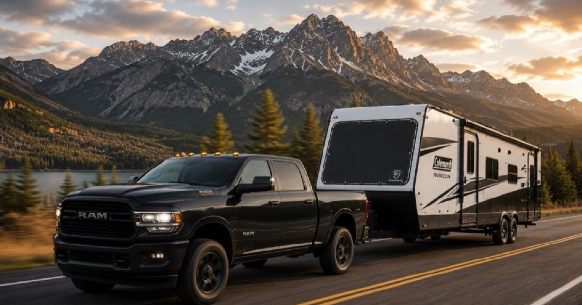 RV protected by a FIT Protection windshield cover on the road