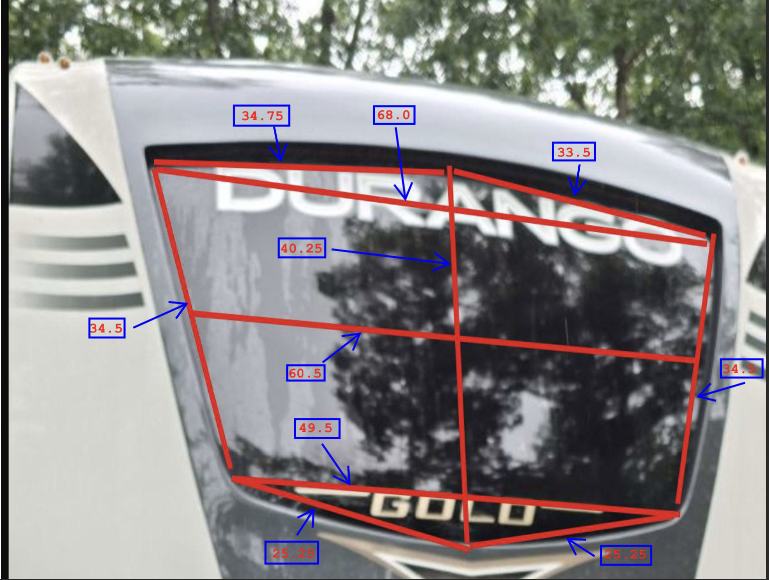 Preferred example: windshield photo with measurement lines labeled in inches