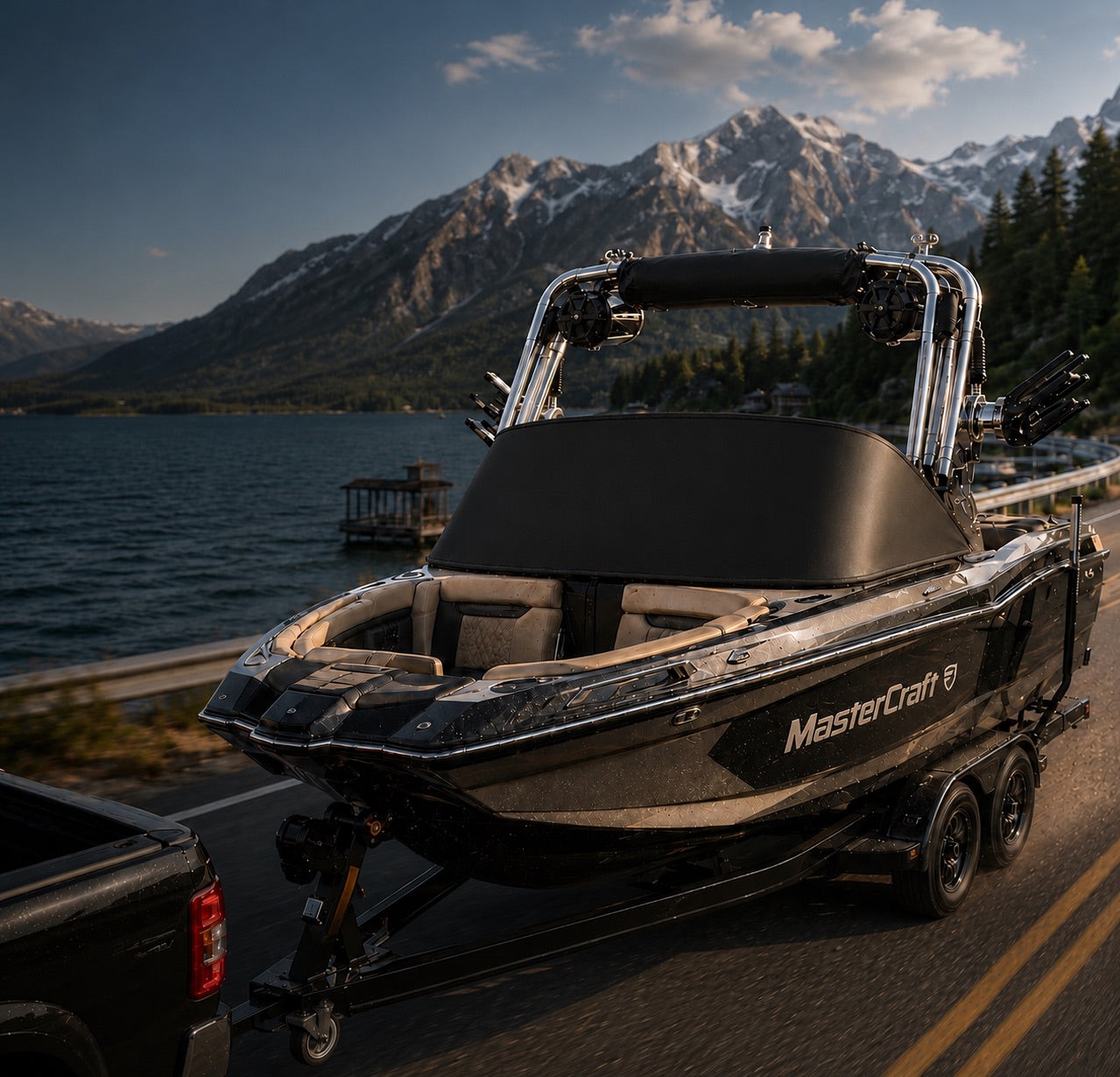 MasterCraft wakeboat on a trailer — custom and commercial marine glass protection