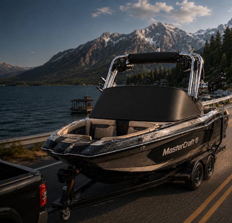 MasterCraft wakeboat on a trailer — custom and commercial marine glass protection