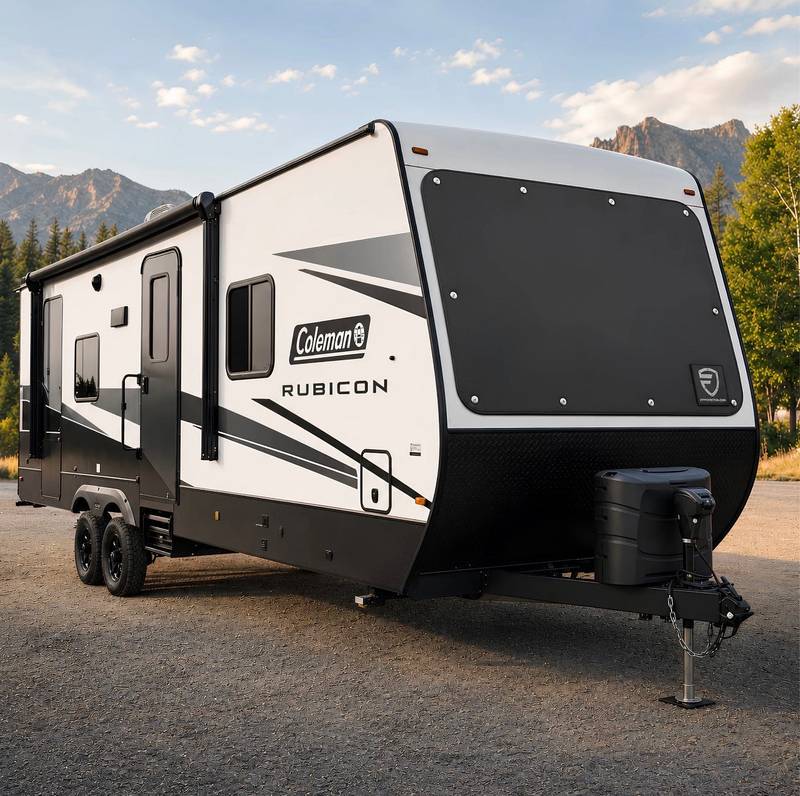 Coleman Rubicon travel trailer with a FIT windshield/glass cover installed