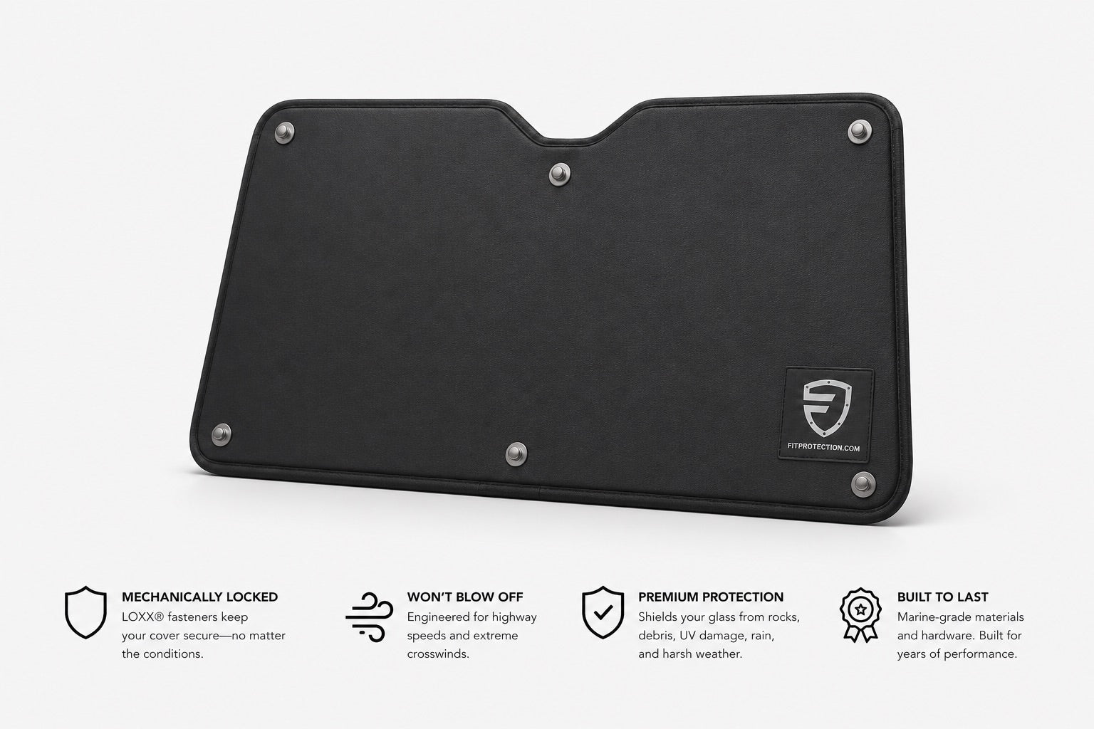 FIT Protection windshield cover with LOXX positive-lock retention fasteners visible around the perimeter