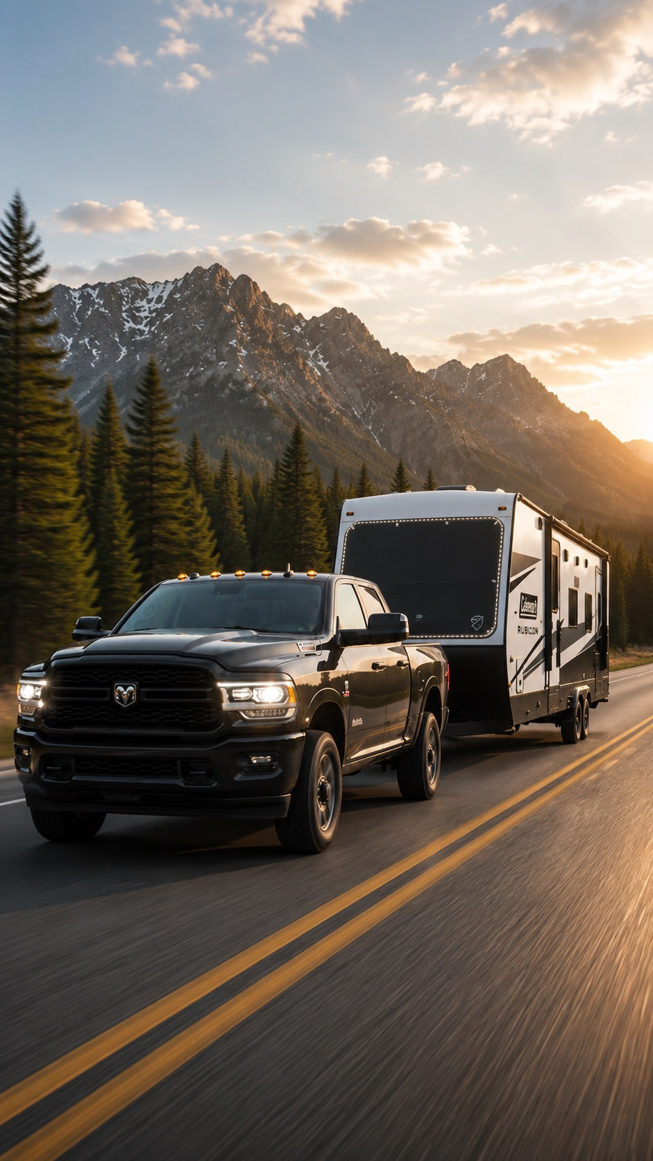 Ram truck towing a Coleman travel trailer down a mountain highway at sunset