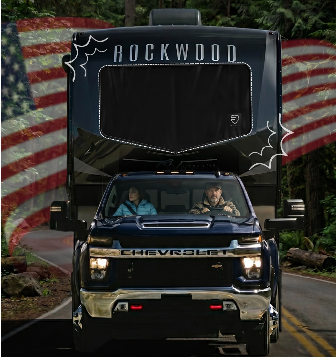 Rockwood RV being towed down forest road with FIT windshield cover installed