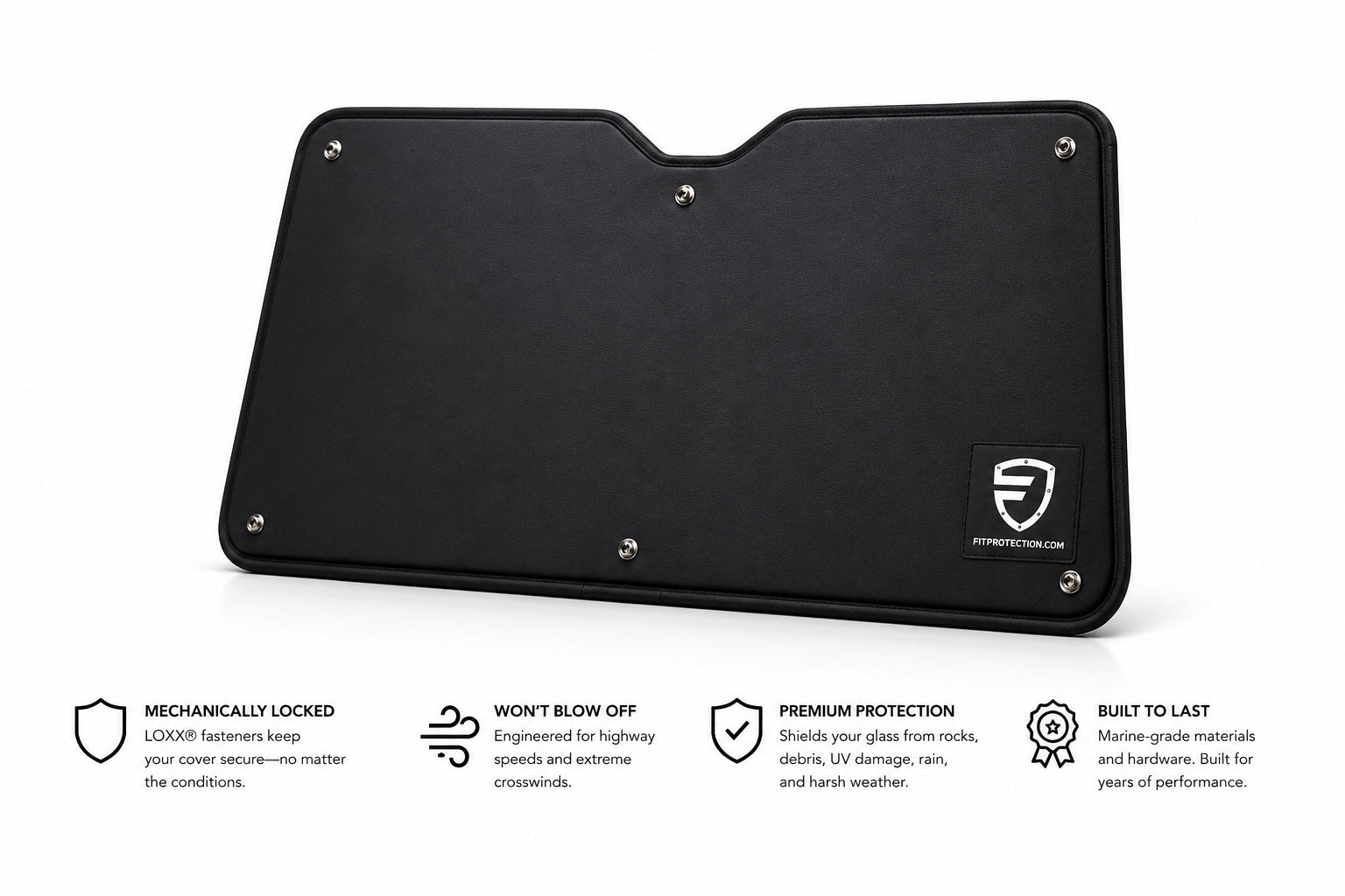 FIT Protection windshield cover with LOXX positive-lock retention fasteners visible around the perimeter