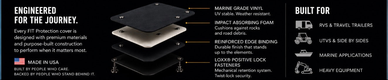 Engineered for the journey — every FIT Protection cover layers marine grade vinyl, impact-absorbing foam, reinforced edge binding, and LOXX positive-lock fasteners. Built for RVs, UTVs, marine, and heavy equipment.